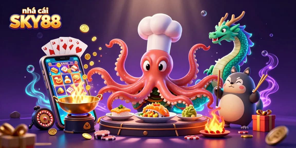 Experience excitement at nhà cái SKY88 with vibrant 3D food-themed casino adventure.