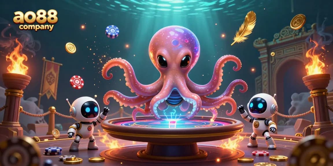 Engage with exciting gaming action at ao88 company featuring alien octopus and poker table.