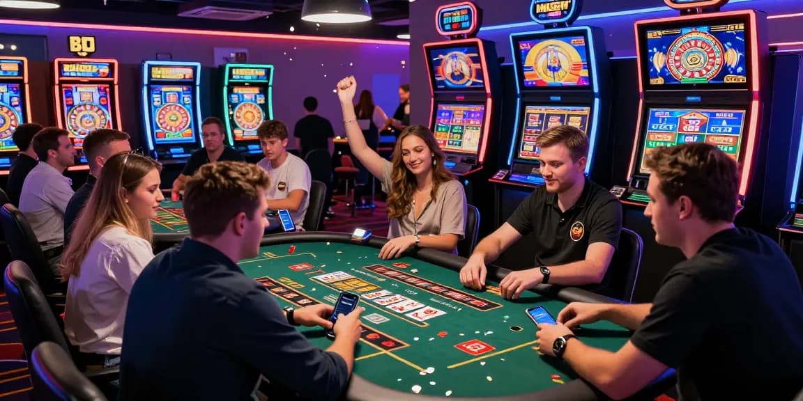 Exciting players enjoying diverse games at non UK casinos in a vibrant virtual casino environment.