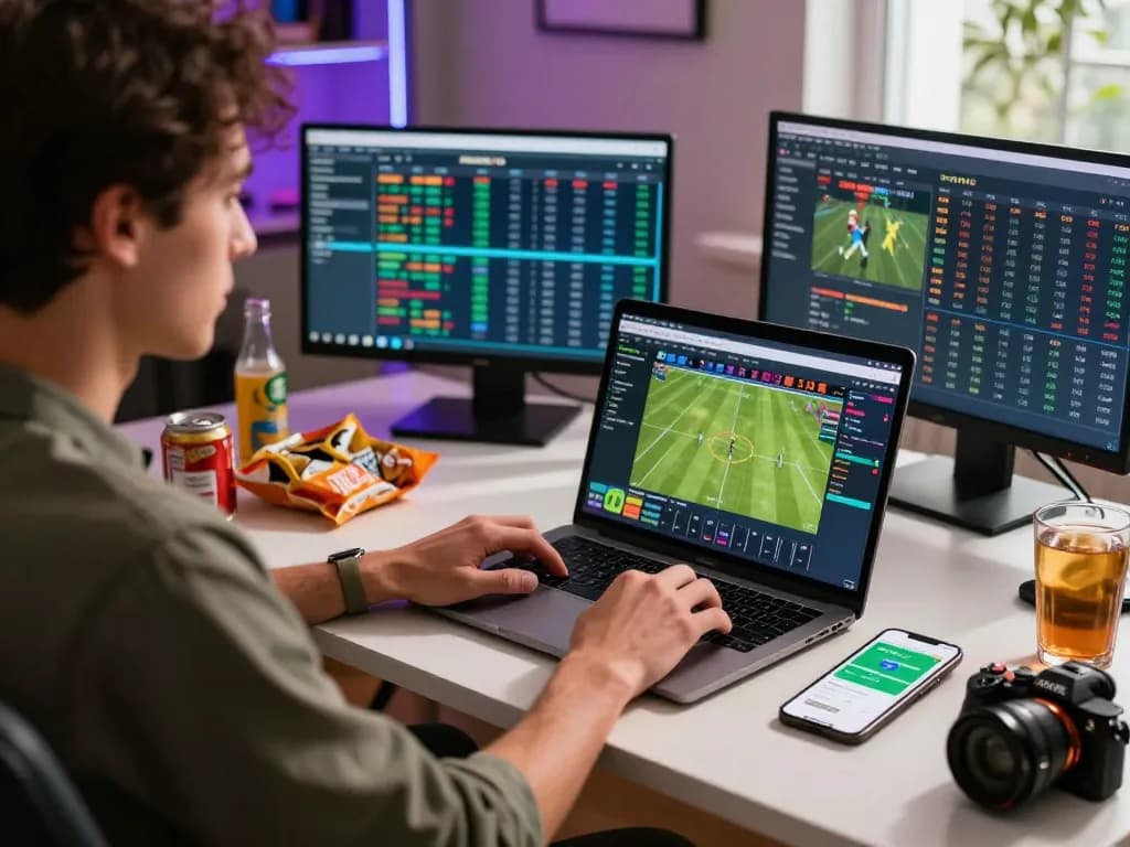 Exciting kèo nhà cái betting scene with laptop displaying live updates and analysis