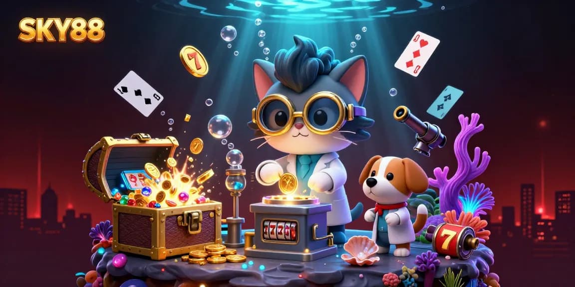 Experience the excitement of gaming at SKY88 with a vibrant 3D casino scene filled with gold coins and gaming elements.