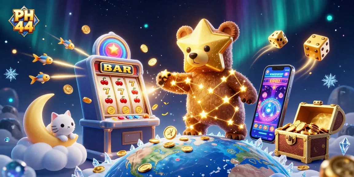 Play exciting games at PH 44 with a dynamic scene showcasing casino action and festive elements.