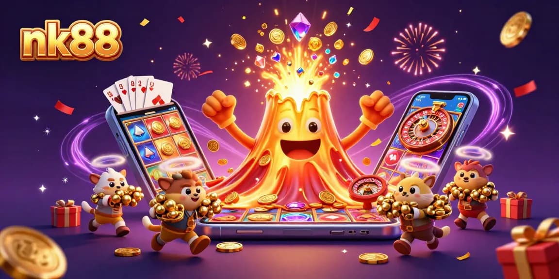 Experience thrilling gameplay at nk88 with a triumphant volcano erupting coins, showcasing exciting casino dynamics.