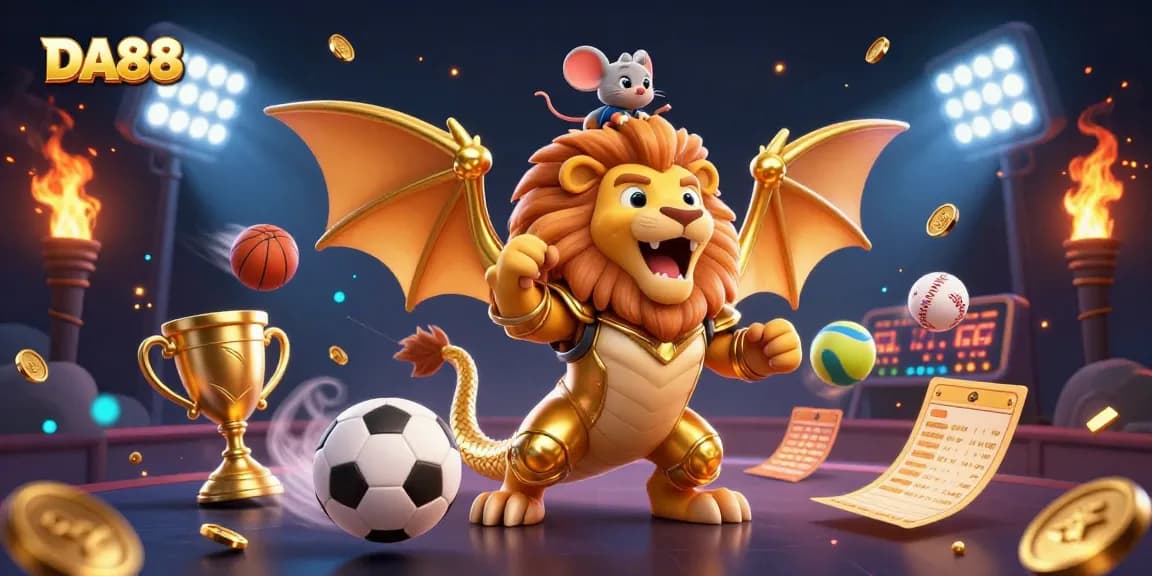 Engaging scene with DA88 featuring dynamic sports betting elements and a triumphant chimera character.