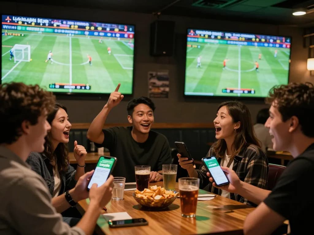 Friends engaging in sports betting on lucky88s app while watching live games at a vibrant sports bar.