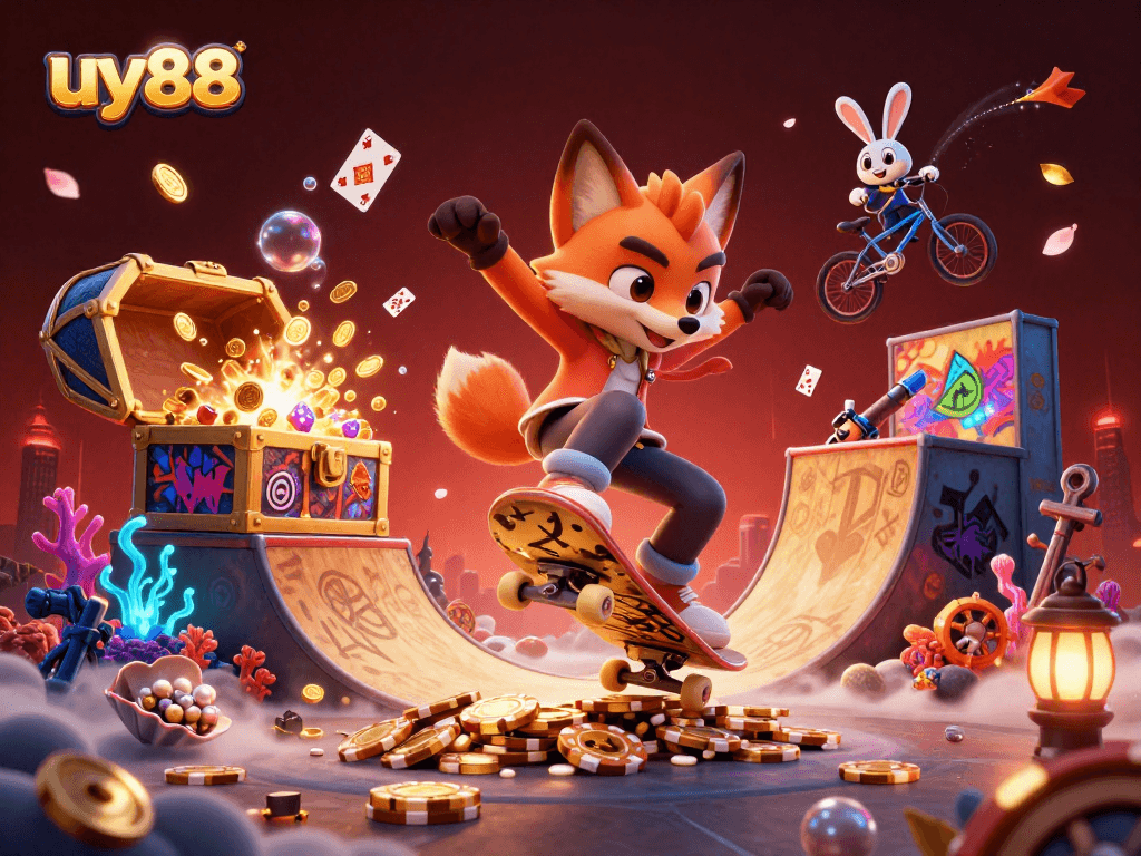 Experience thrilling action with uy88 as a fox and rabbit showcase tricks in a vibrant casino scene.