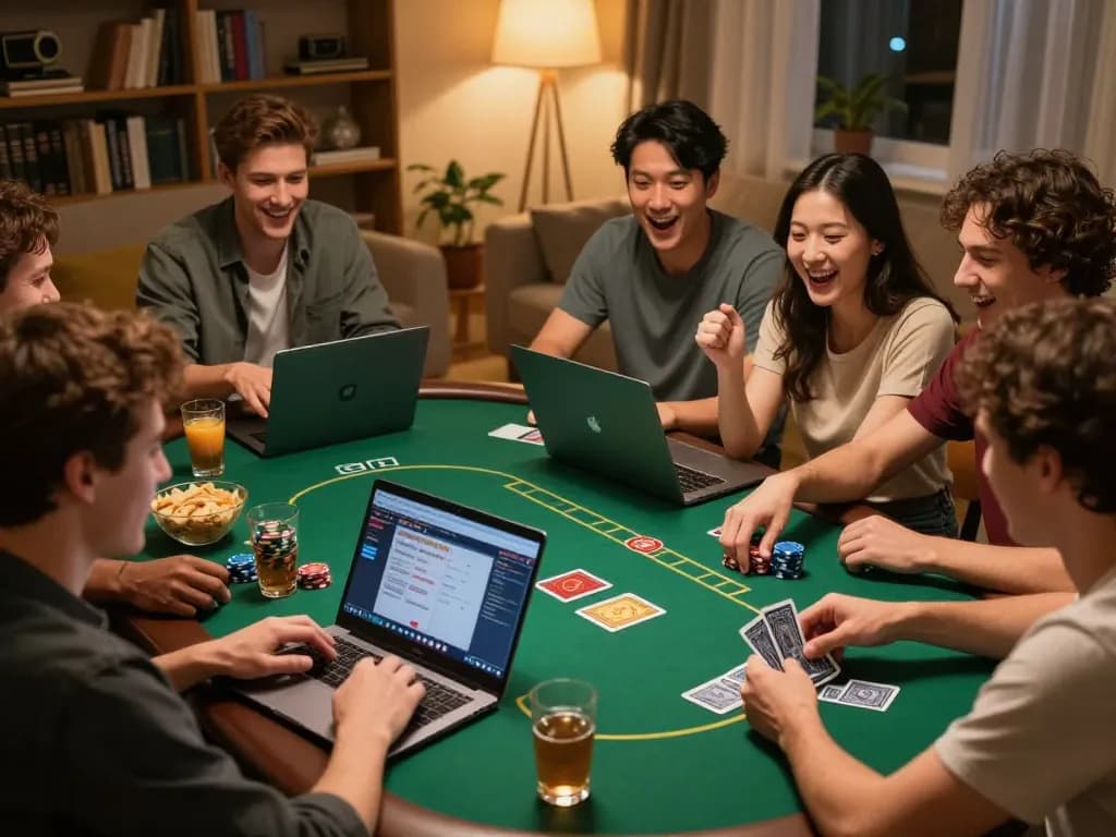 Friends having fun with bomwin online poker at home, showing excitement and camaraderie during gameplay.