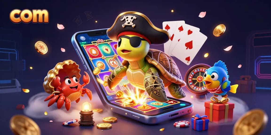 Engage with com's thrilling slots featuring a pirate turtle and treasure in an exciting casino illustration.