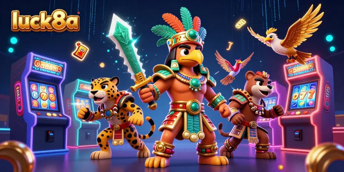 Experience luck8a's vibrant gaming world with Aztec warriors and exciting slot machines in action.