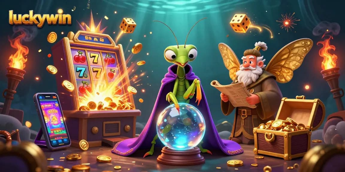 Luckywin game scene featuring a colorful slot machine, vibrant characters, and festive atmosphere to entice players.