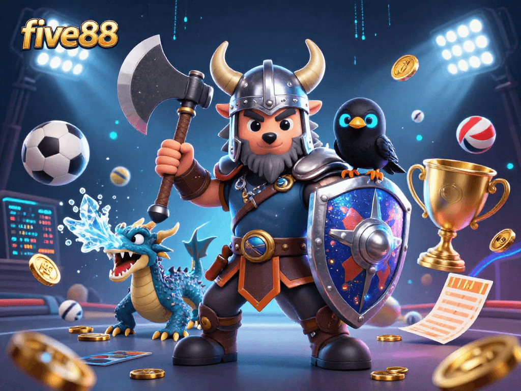 Experience the excitement of five88 with a Viking wolf warrior and dragon in vibrant casino action.