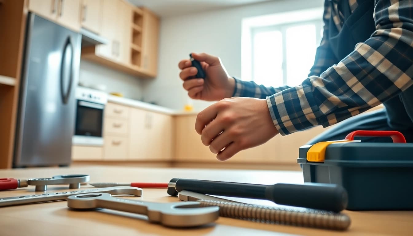 Find a qualified plumber near me fixing pipes in a bright kitchen setting.