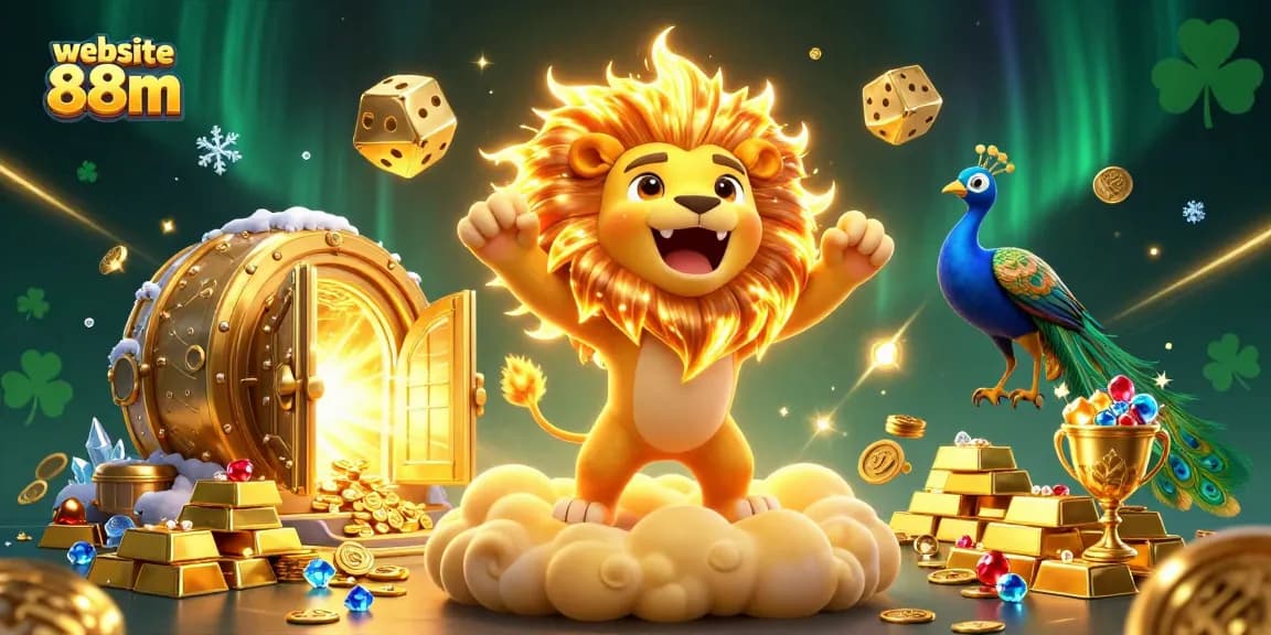 Experience thrilling wins on website 88m with a vibrant and magical casino scene featuring a roaring lion and striking gems.