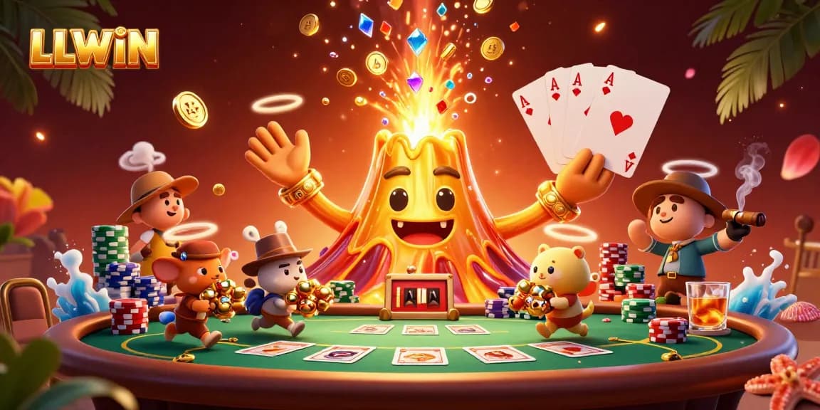 Experience the thrill of winning at LLWIN with treasures cascading from a golden volcano amidst poker excitement.