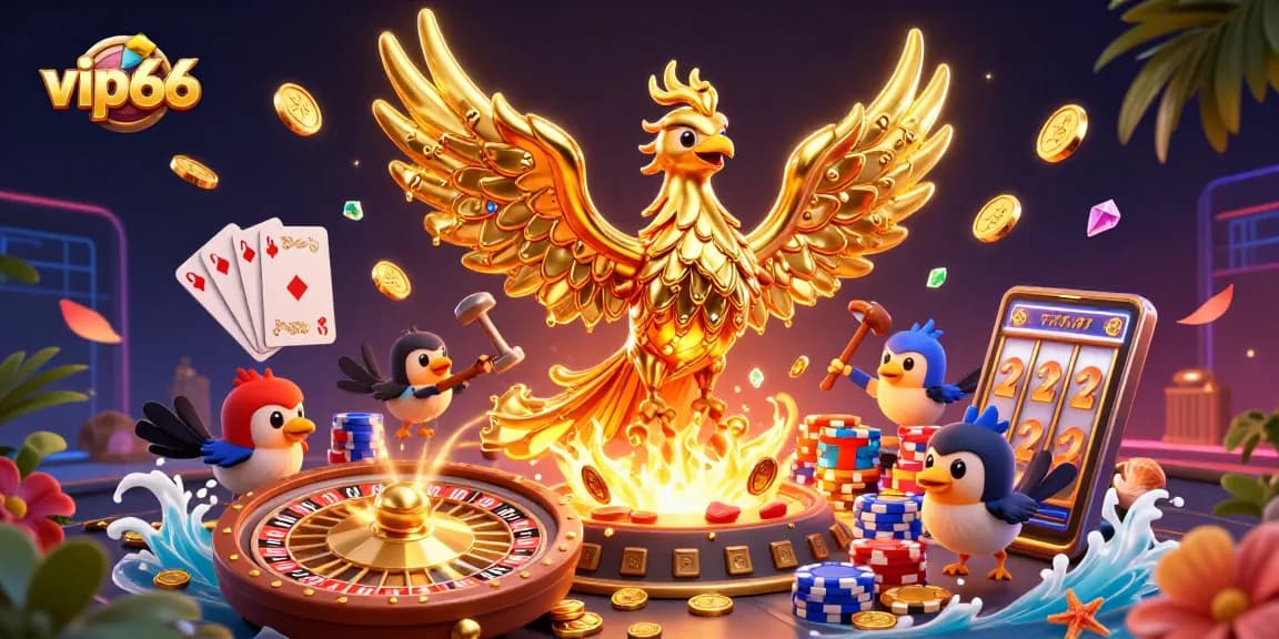 Bet on victory with vip66 as the golden phoenix unleashes wins amidst vibrant casino elements.