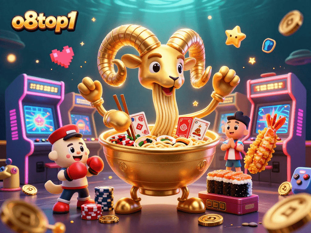 o8top1 engages players with vibrant 3D casino characters in an action-packed arcade scene.