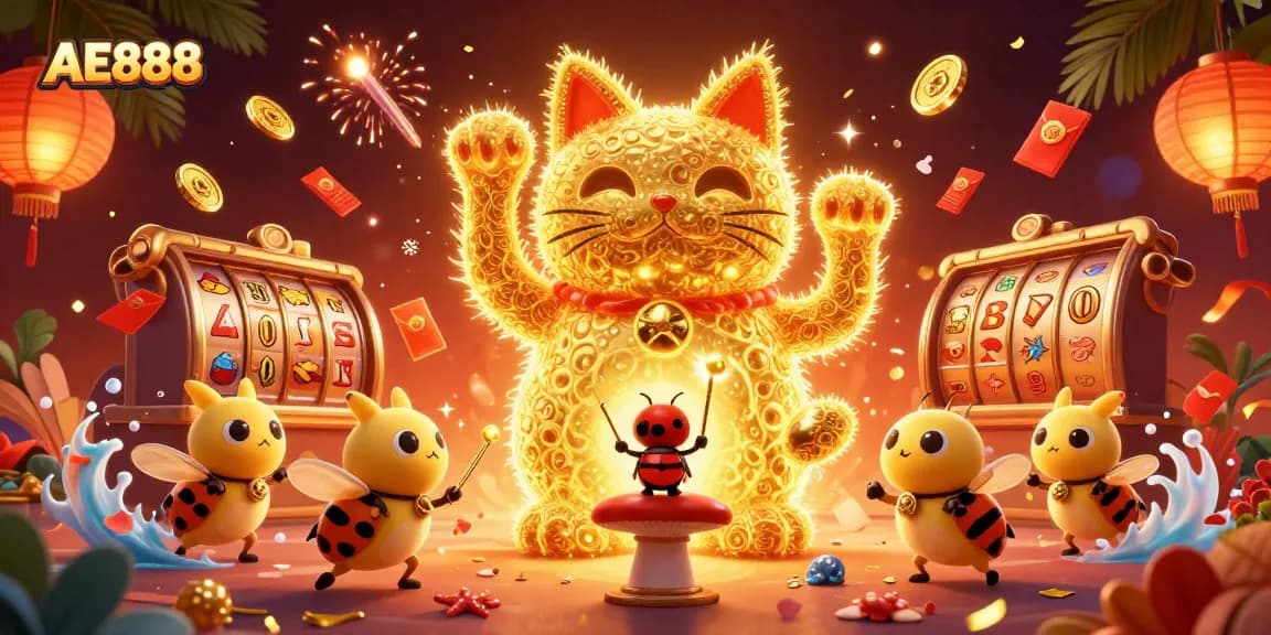 Engage with the vibrant world of AE888 featuring a lucky cat and dynamic casino symbols.