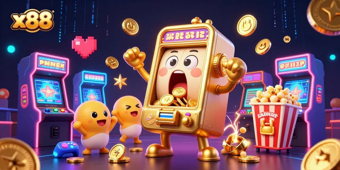 x88 slot machine celebrating a jackpot win with cheering mini machines and popcorn, vibrant game elements