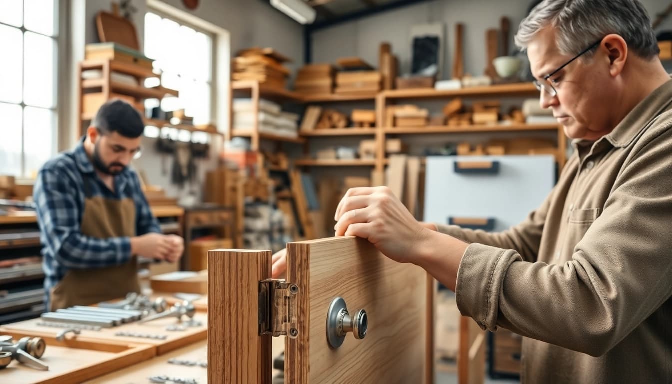 Skilled craftsmen working on furniture hardware manufacturers in a well-lit workshop.