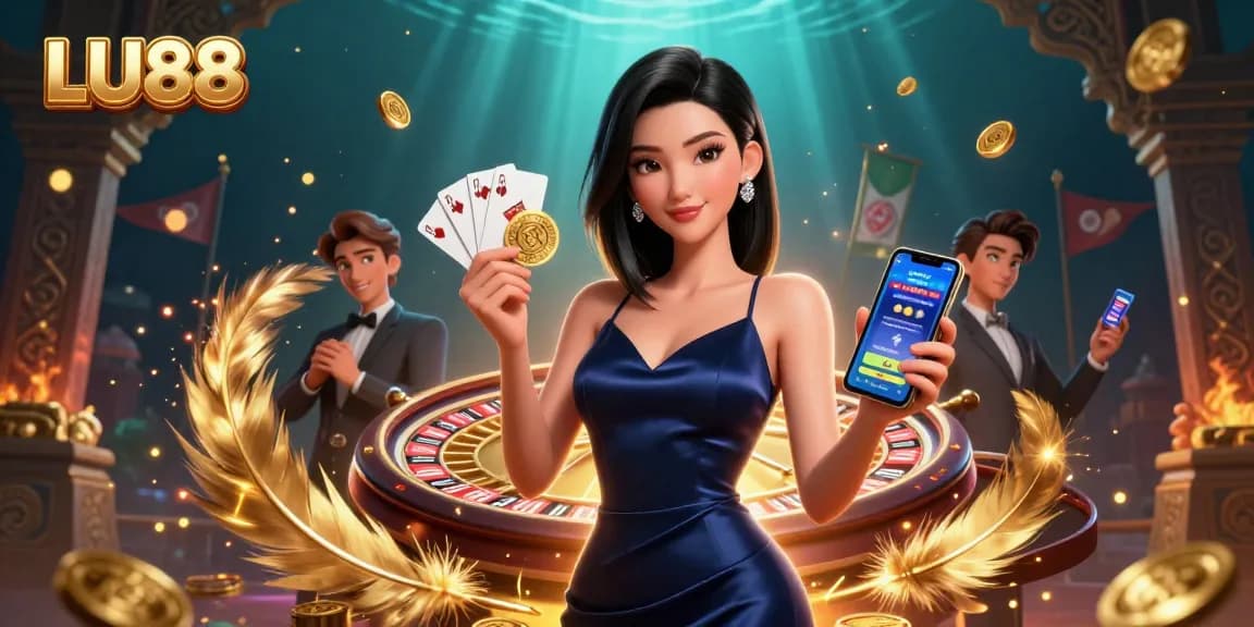 LU88 app showcasing immersive casino gameplay with a stunning Asian woman and vibrant gold effects.