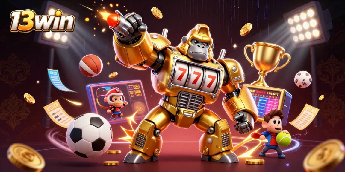 Engage in thrilling 13win casino action as the golden gorilla mech punches upwards, showering coins and excitement!