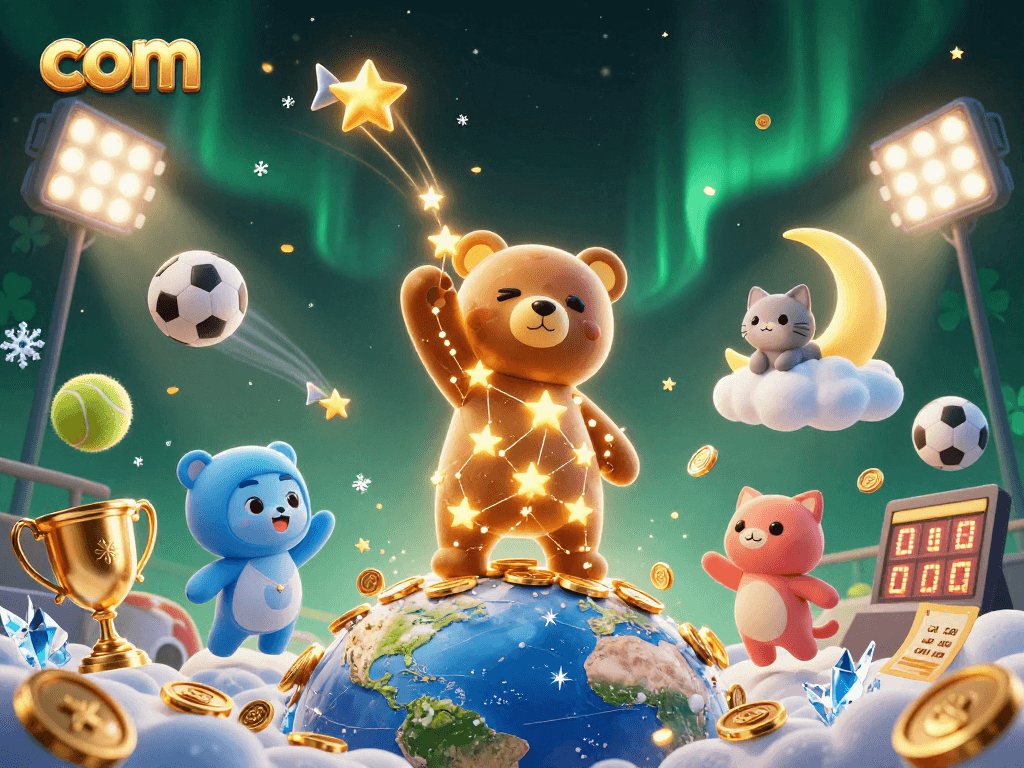 Engage in thrilling gameplay at com with a vibrant illustration showcasing a constellation bear, sports elements, and exciting casino activities.
