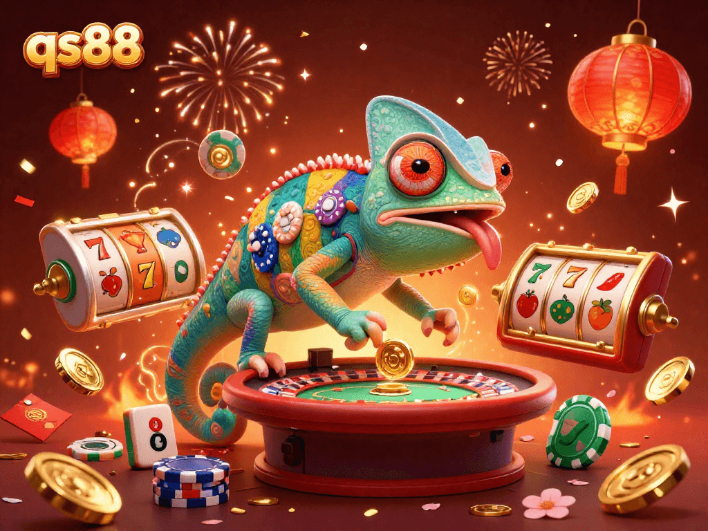 Engage in thrilling slots at qs88 with a vibrant chameleon casino owner captivating the lively scene.