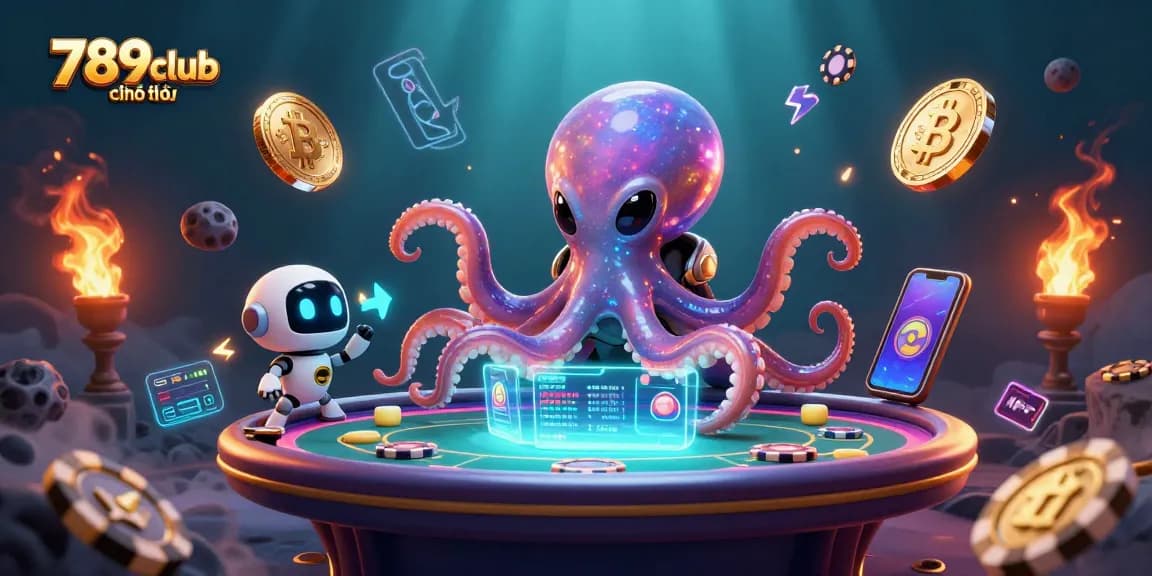 Engage in thrilling gaming at 789club chính thức, where alien octopus and robot celebrate poker.