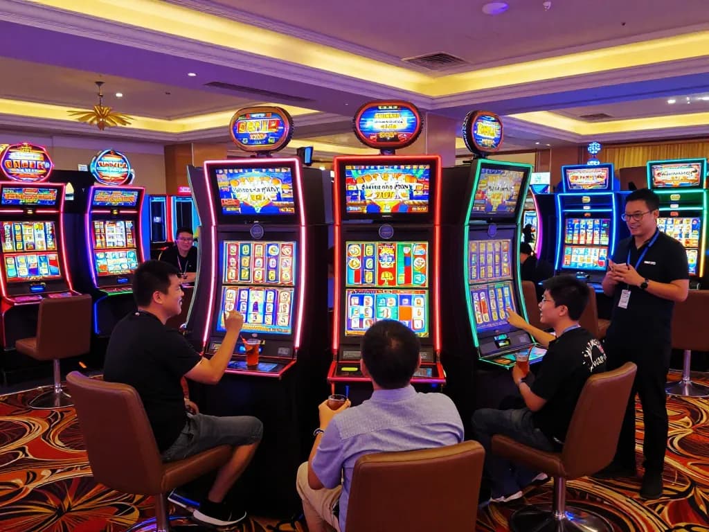 Engaged players celebrating wins at Slot Malaysia casino machines in a lively atmosphere