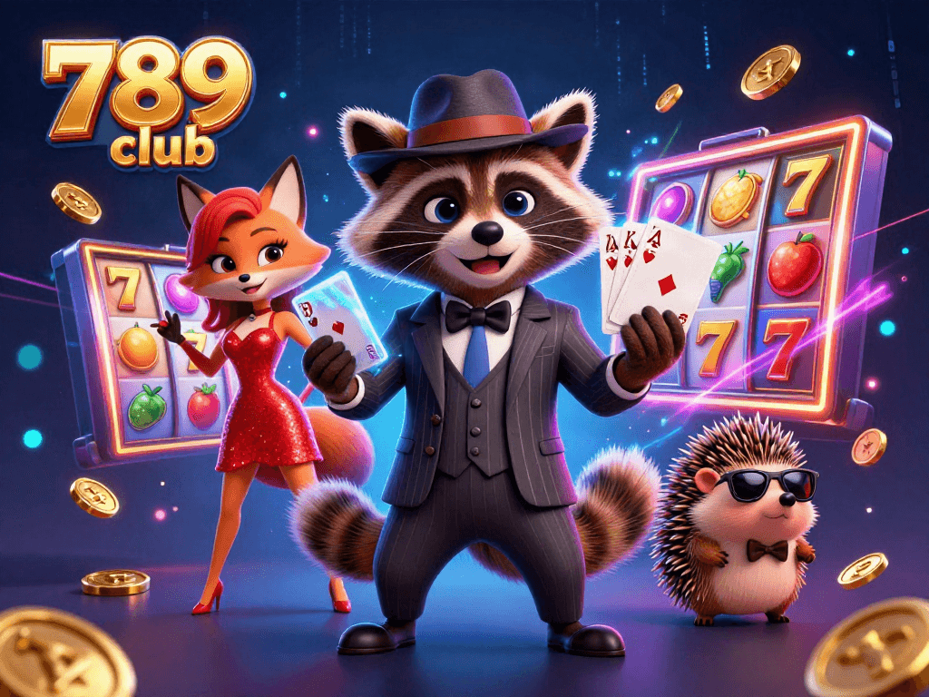 Join the fun at 789 club with a royal flush hand as the raccoon wins big in style.