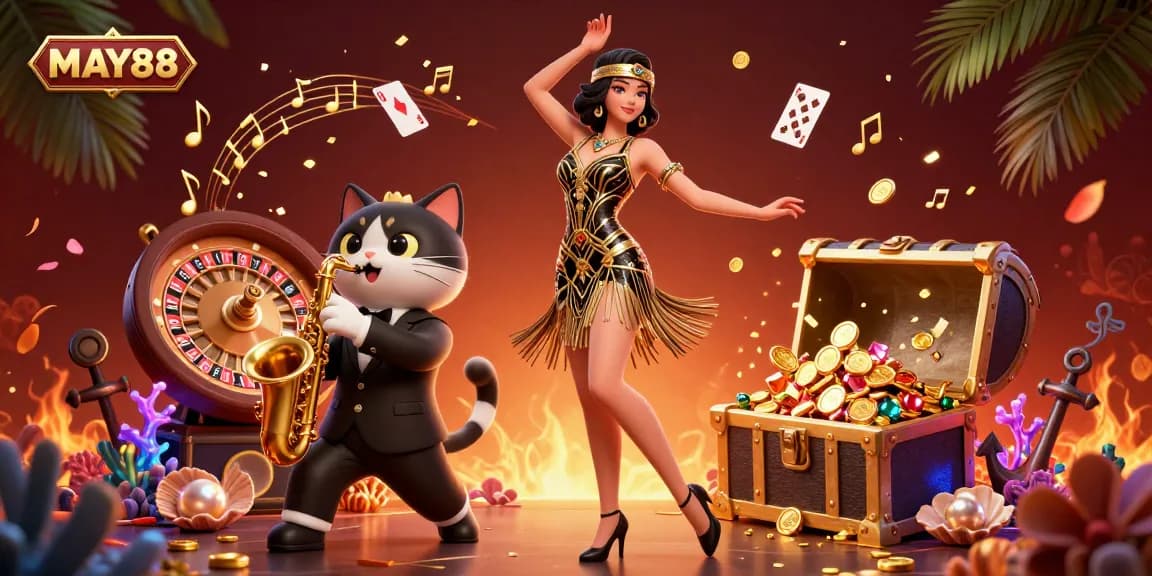 MAY88 welcomes players with vibrant 3D casino illustration showcasing exciting gaming elements