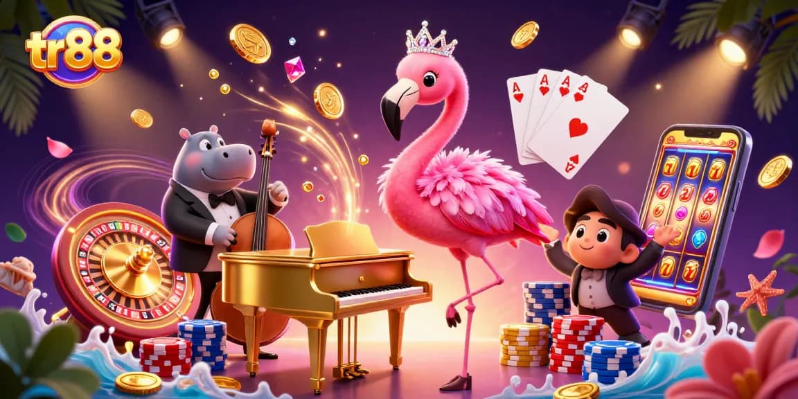 Engage with tr88's vibrant casino experience featuring a singer and bassist surrounded by dynamic gaming elements.