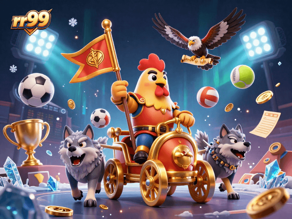Engage with rr99's dynamic gaming scene featuring a rooster warlord and golden elements.