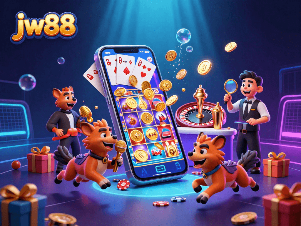 Engage with jw88 at this vibrant casino scene featuring hyenas mixing drinks and telling jokes.