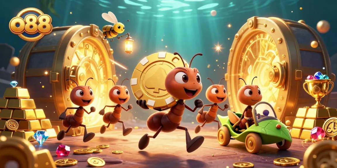 Experience the thrill of o88 as cartoon ants heist a massive poker chip amidst treasures.