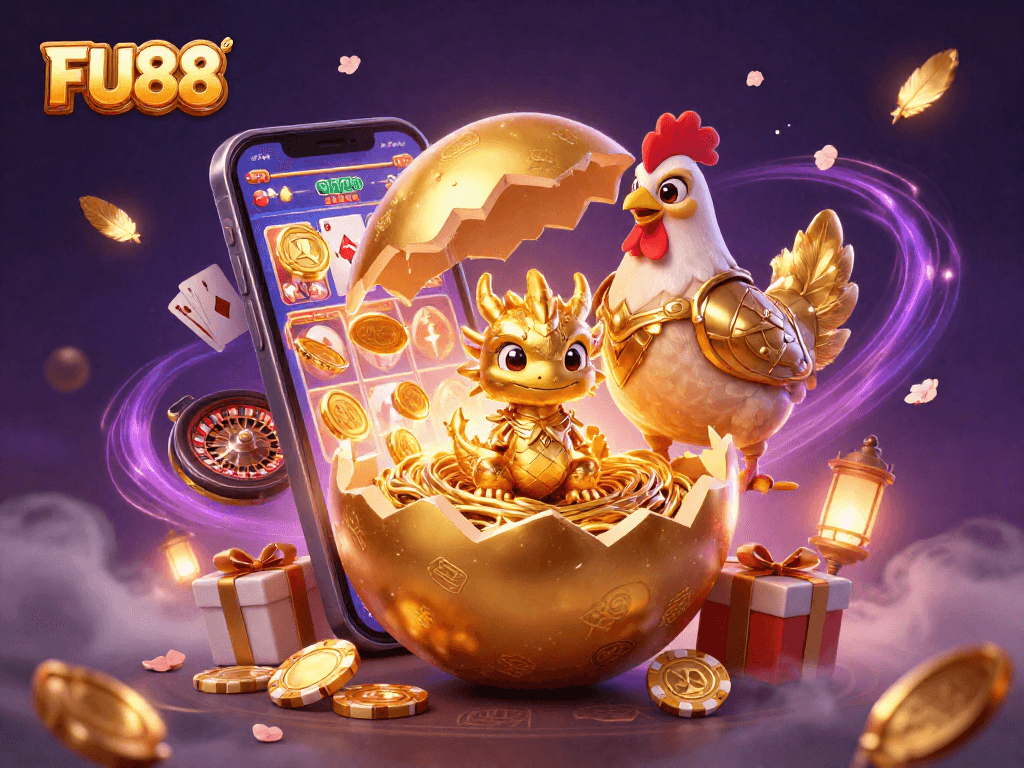 Experience thrilling online gaming action with FU88, featuring a golden dragon and poker chips!