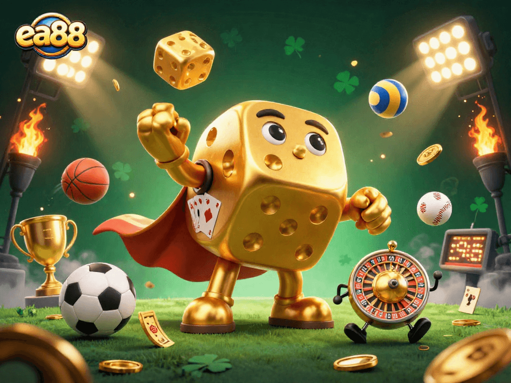 ea88 showcases a vibrant 3D casino scene with dynamic golden dice and sports elements, inviting players to engage.