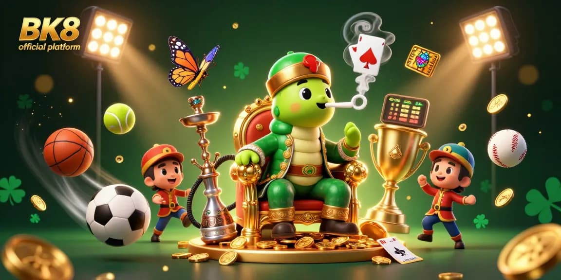 Experience the excitement of gambling with the BK8 official platform, featuring dynamic sports elements and festive cartoon imagery.