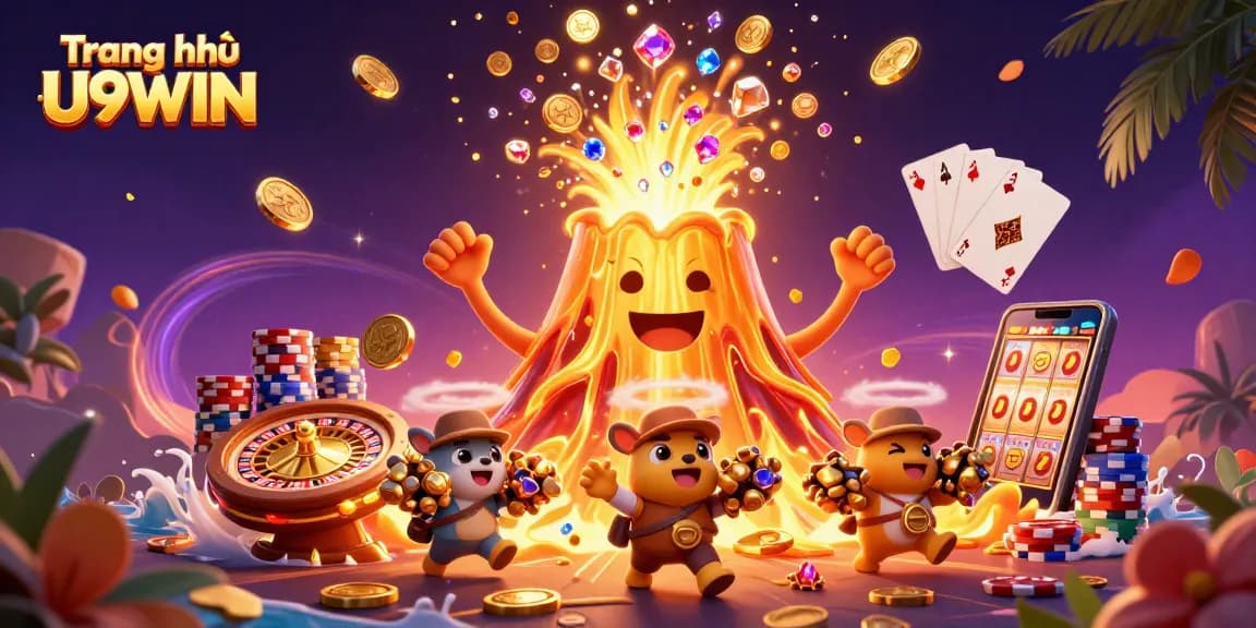 Experience the thrill of Trang chủ U9WIN with a vibrant 3D illustration of winning moments at the casino.