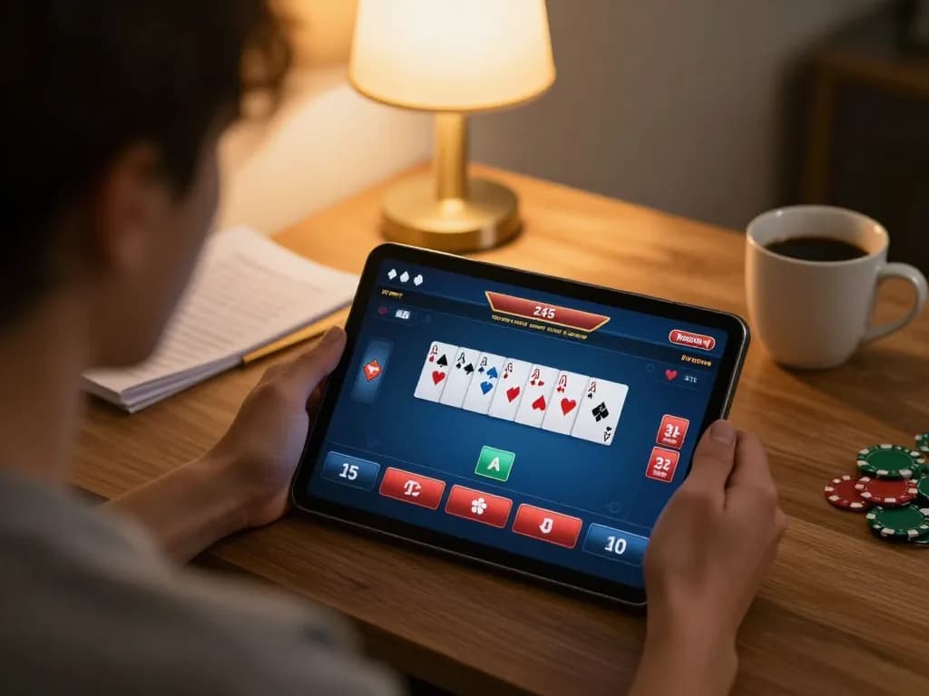 Engaging player enjoying online casino at home, sc88 poker game visible on tablet
