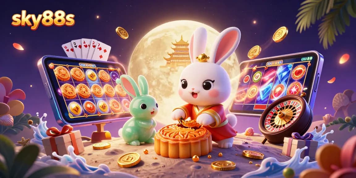 A dynamic scene with sky88s featuring a moon rabbit and gaming elements, celebrating casino fun.