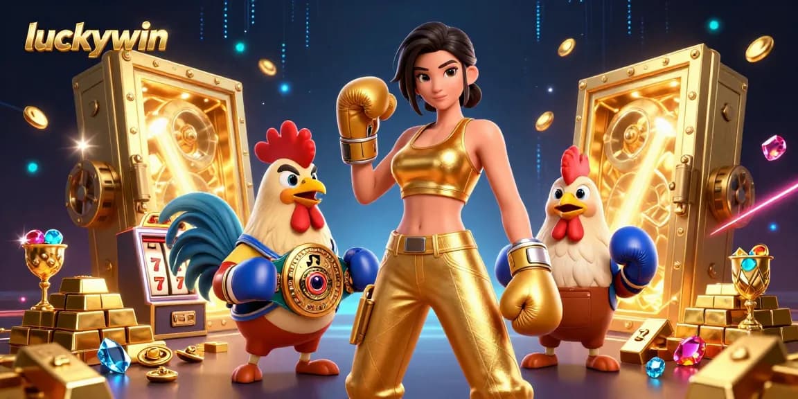 Win big with luckywin in this vibrant 3D casino illustration featuring a powerful female fighter and a champion rooster.