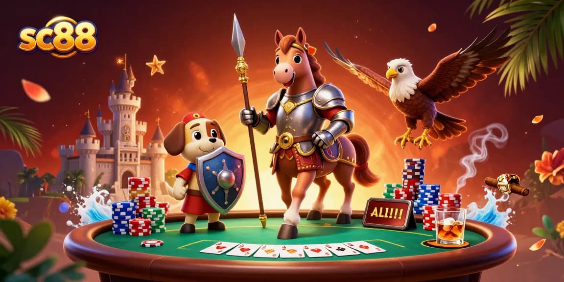 Experience thrilling poker action with sc88 in a vibrant 3D scene featuring knights and a puppy!
