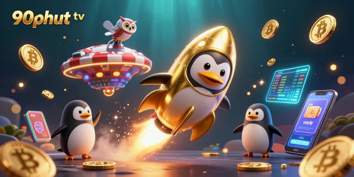 Experience the excitement of 90phut tv as the golden penguin zooms towards a casino filled with crypto elements.