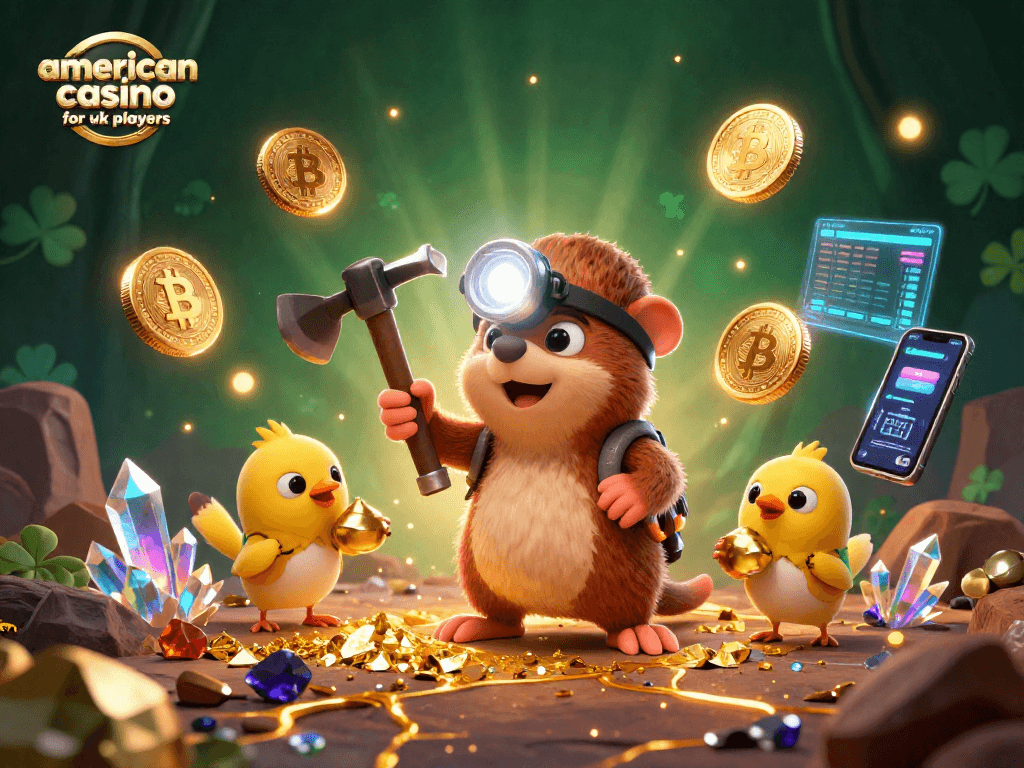 Mining for winnings at an american casino for uk players, featuring a treasure hunter mole and crypto elements.