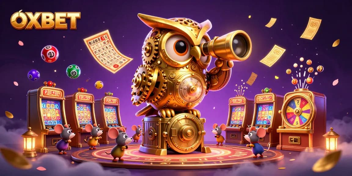 Experience the excitement of OXBET with vibrant lottery balls and a whimsical casino scene.