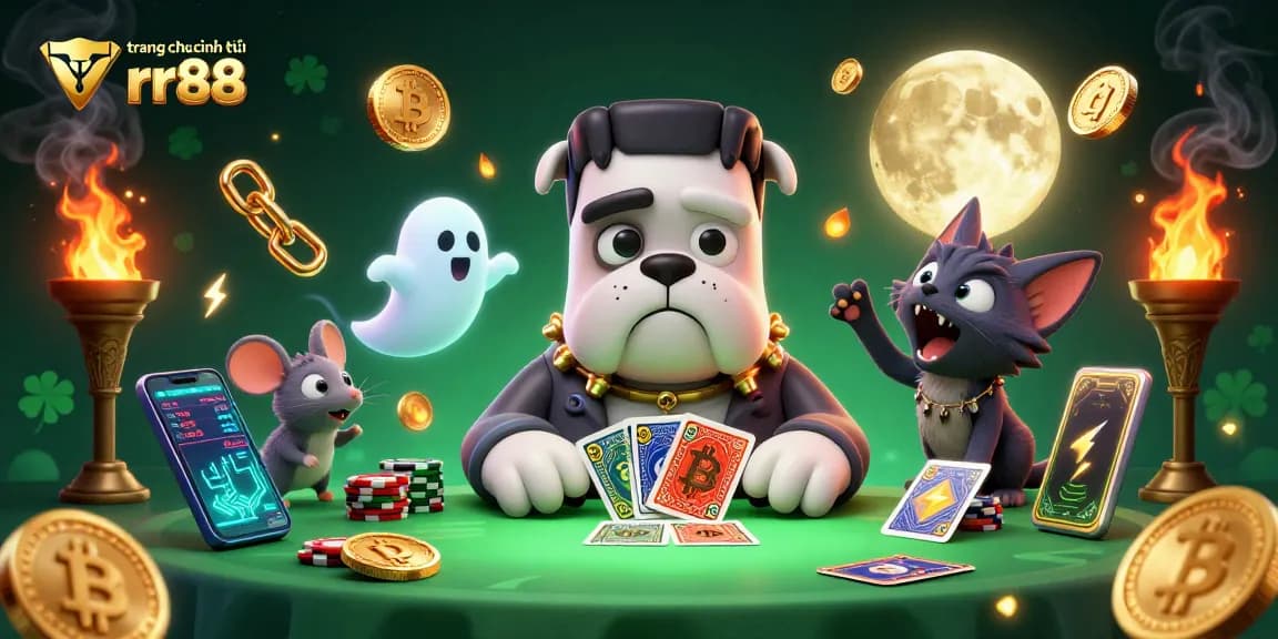 Engage with trang chủ chính thức rr88 featuring a whimsical 3D scene with a bulldog monster dealing cards.