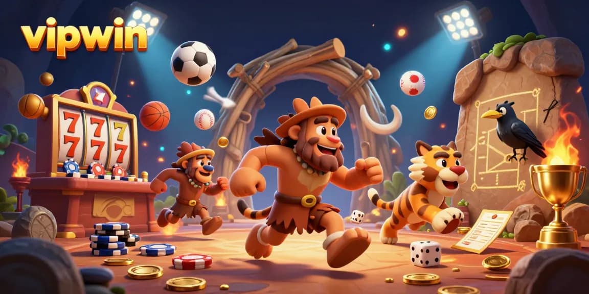 Engage with thrilling gameplay at vipwin, where a caveman and sabertooth tiger command a vibrant prehistoric casino filled with slots.
