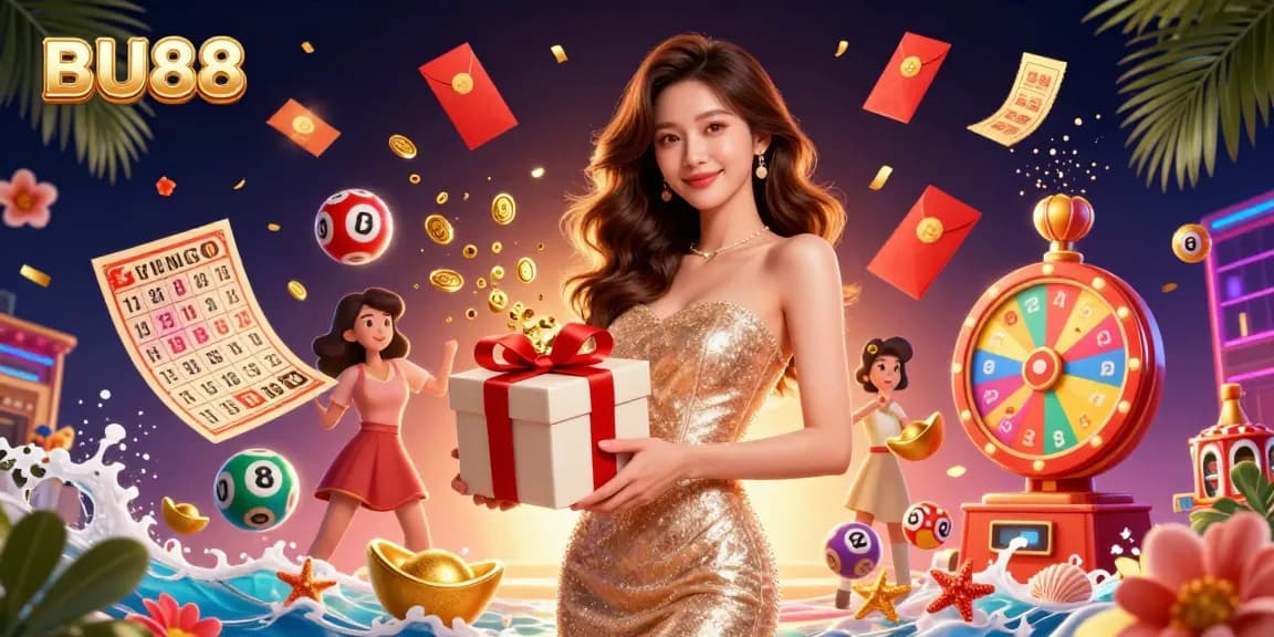 Celebrate with BU88's vibrant casino experience filled with treasure, excitement, and festive lottery elements.