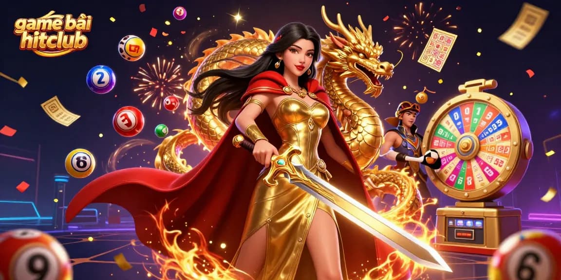 Win big with game bài hitclub illustrated by a warrior queen amid vibrant casino elements.
